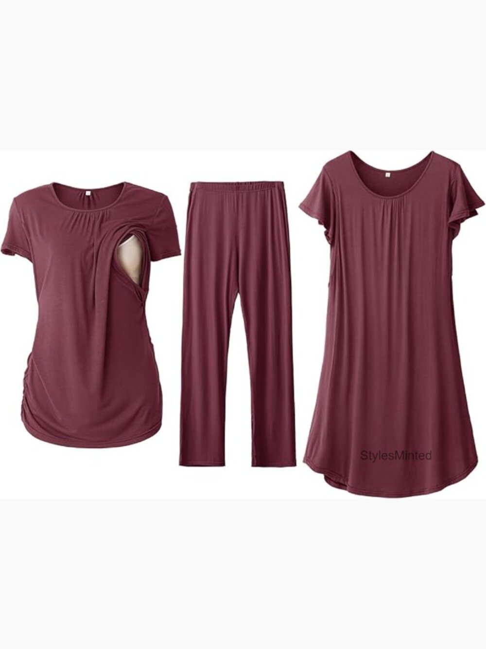3 Piece Maternity Nursing Pajama Set Nightgown Top Pants